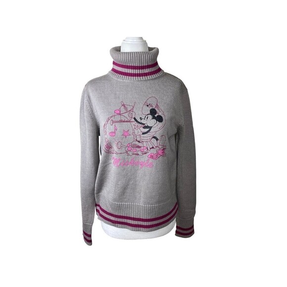 Disney Mickey Mouse Sweater Womens Medium Gray Prink Turtle Neck Knit Stretch - Picture 1 of 7